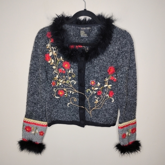 Vintage Ruby Cho Feather Trim Floral Embroidered Cardigan Sweater Holiday Artsy - Picture 2 of 11